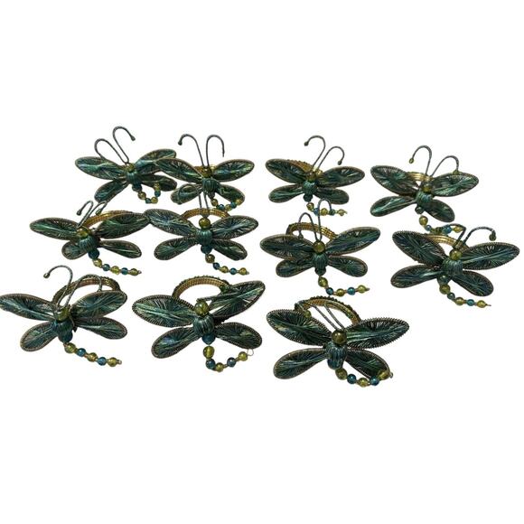 Lot Of 11 Pier 1 Dragonfly Greens, Blues, & Gold Beaded Napkin Rings - Picture 1 of 7